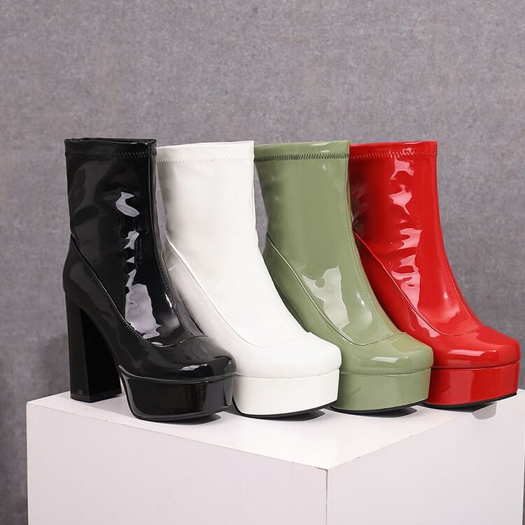 Chunky Heel Square Toe Plain Patent Short Boots SpreePicky