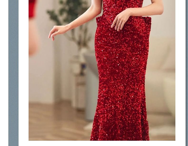 Short-Sleeve V-Neck Plain Sequin Bow Accent Open Back Mermaid Evening Gown SpreePicky