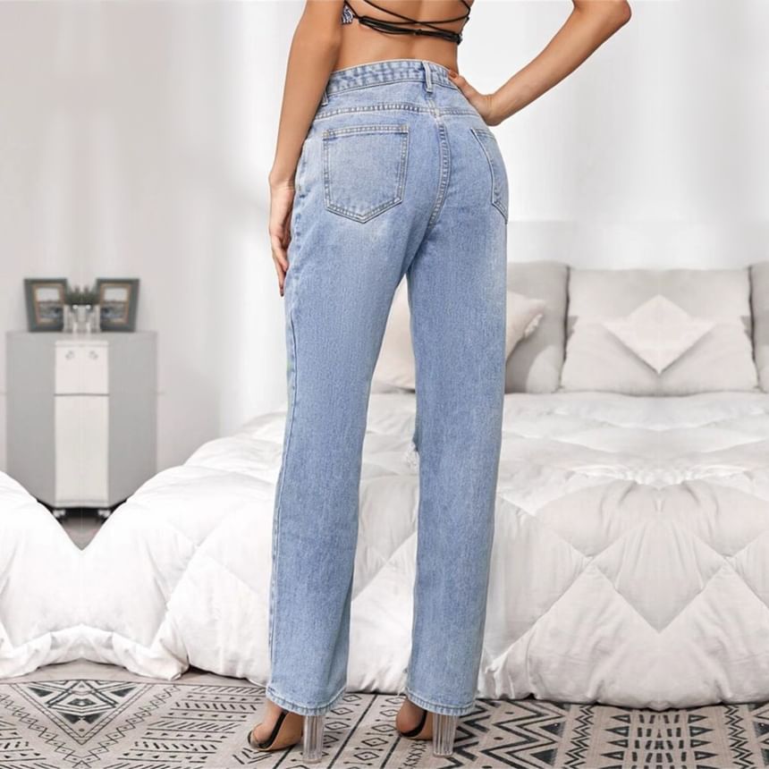 High Rise Graphic & Lettering Print Distressed Straight-Fit Wide-Leg Jeans SpreePicky