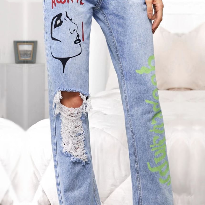 High Rise Graphic & Lettering Print Distressed Straight-Fit Wide-Leg Jeans SpreePicky