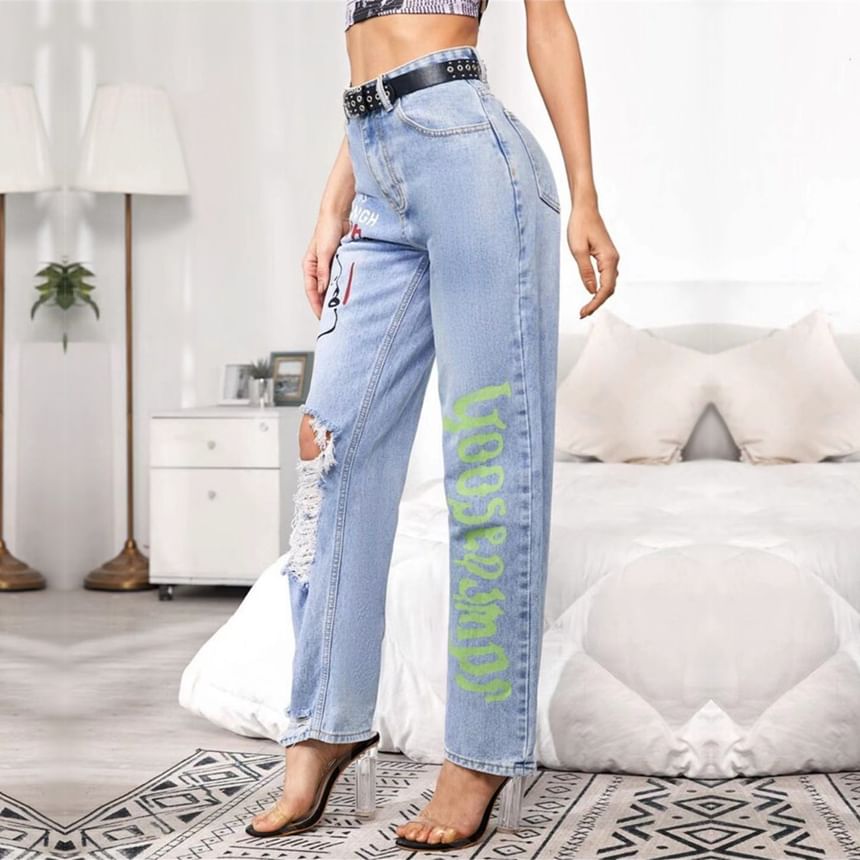 High Rise Graphic & Lettering Print Distressed Straight-Fit Wide-Leg Jeans SpreePicky