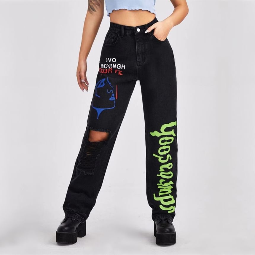 High Rise Graphic & Lettering Print Distressed Straight-Fit Wide-Leg Jeans SpreePicky