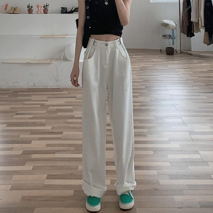 High Waist Plain Straight-Fit Wide-Leg Jeans SpreePicky