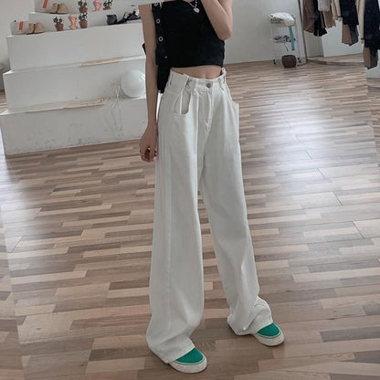 High Waist Plain Straight-Fit Wide-Leg Jeans SpreePicky