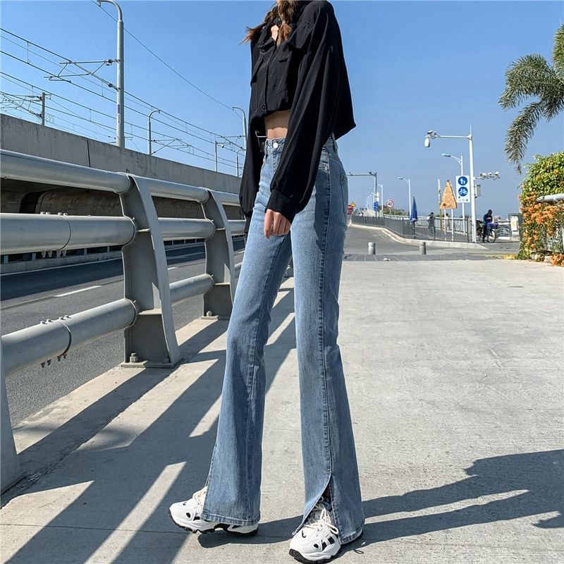 High Rise Washed Slim-Fit Boot-Cut Slit Jeans SpreePicky