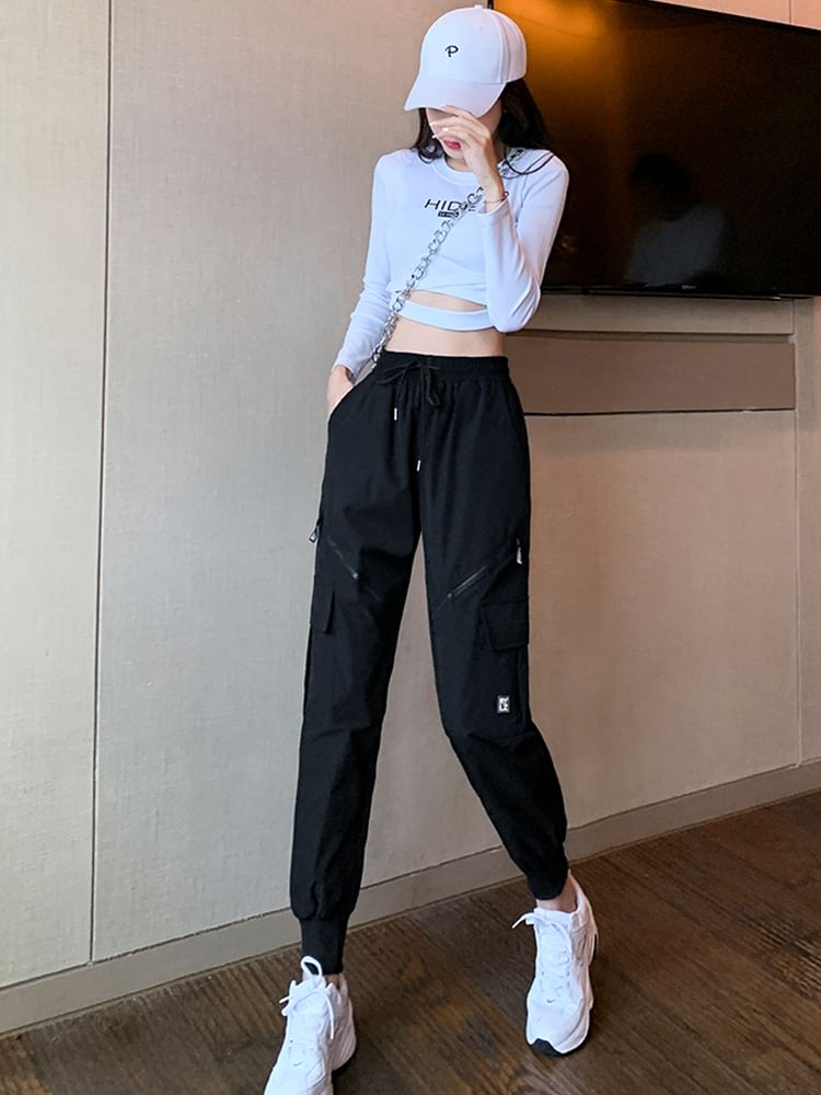 High Waist Drawstring Waist Wide Leg Pocketed Straight Cut Gather Cuff Cargo Sweatpants With Lining SpreePicky