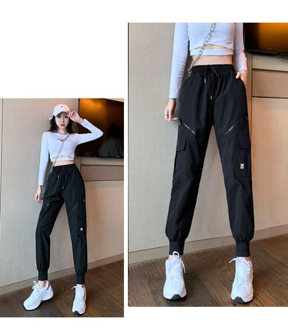 High Waist Drawstring Waist Wide Leg Pocketed Straight Cut Gather Cuff Cargo Sweatpants With Lining SpreePicky