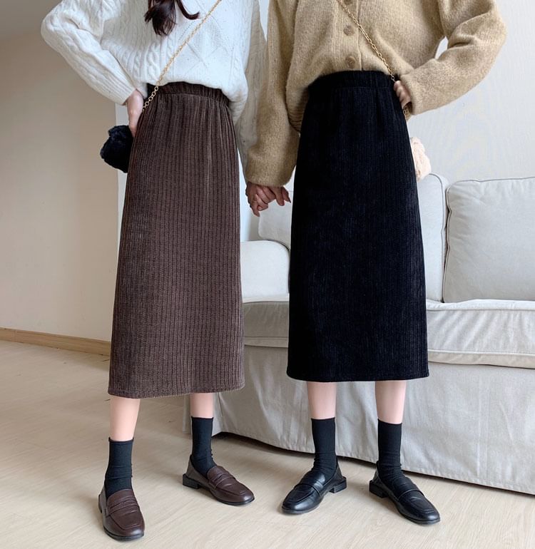 High Waist Corduroy Midi A-Line Skirt SpreePicky