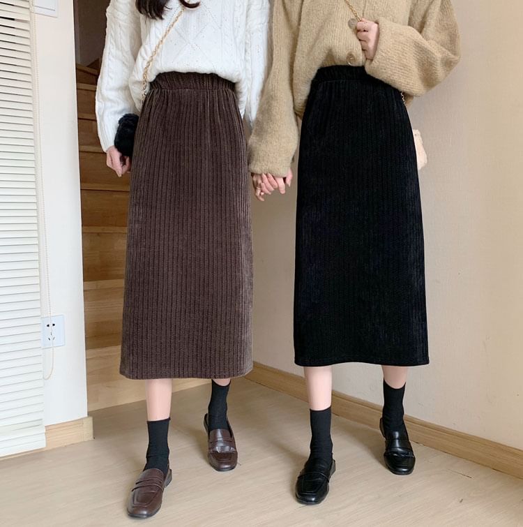 High Waist Corduroy Midi A-Line Skirt SpreePicky