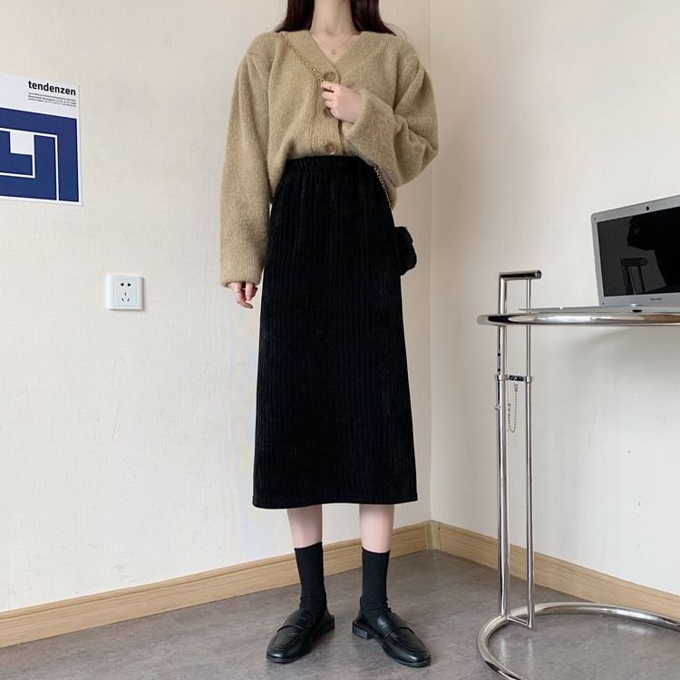 High Waist Corduroy Midi A-Line Skirt SpreePicky