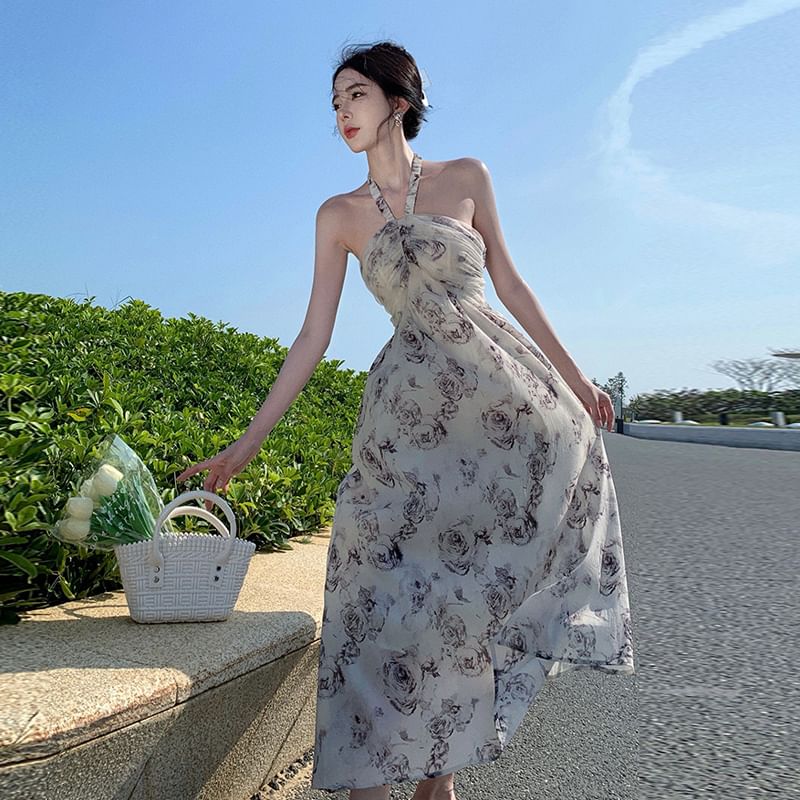 Halter-Neck Floral Print Knotted Midi Sundress SpreePicky