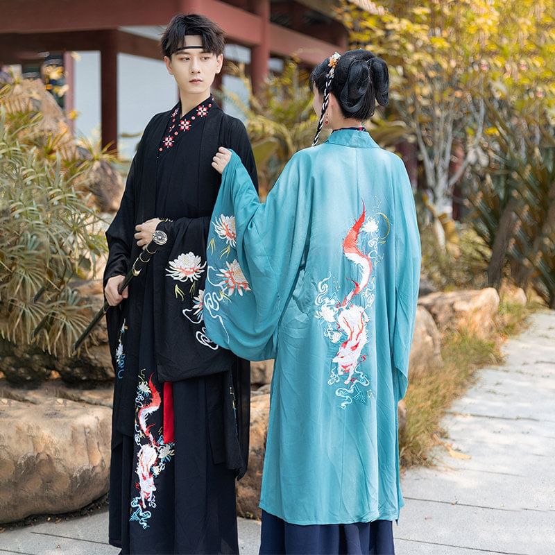 Couple Matching Fox Floral Embroidered Hanfu Jacket / Top / High Waist Maxi A SpreePicky