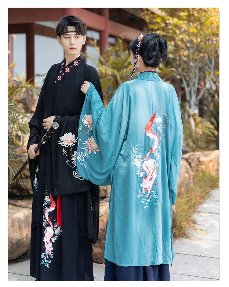 Couple Matching Fox Floral Embroidered Hanfu Jacket / Top / High Waist Maxi A SpreePicky