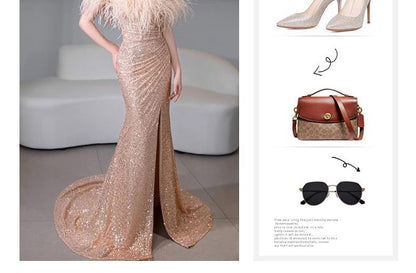 Short-Sleeve Off Shoulder Sequin Feather Trim Ruched Slit Trumpet Evening Gown Egirldoll