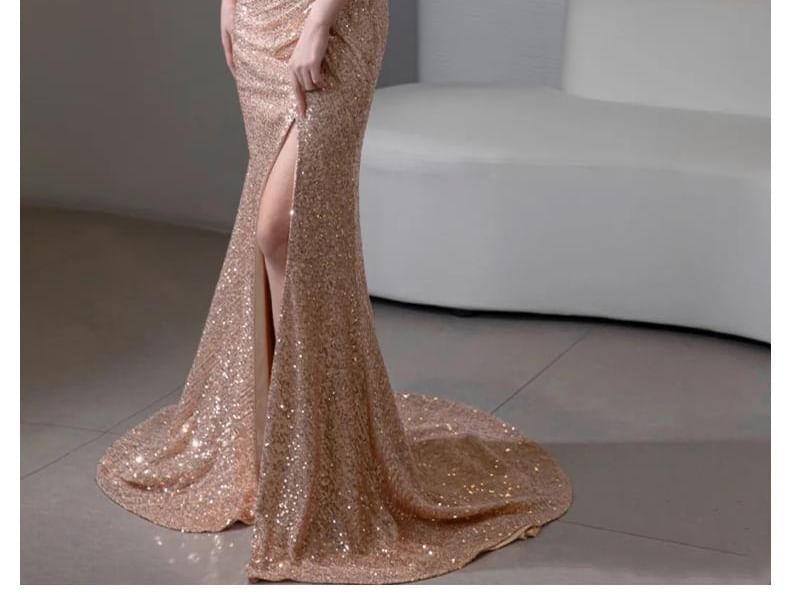 Short-Sleeve Off Shoulder Sequin Feather Trim Ruched Slit Trumpet Evening Gown Egirldoll