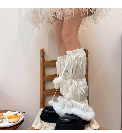 Pom Pom Fluffy Trim Knit Leg Warmers SpreePicky