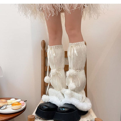 Pom Pom Fluffy Trim Knit Leg Warmers SpreePicky