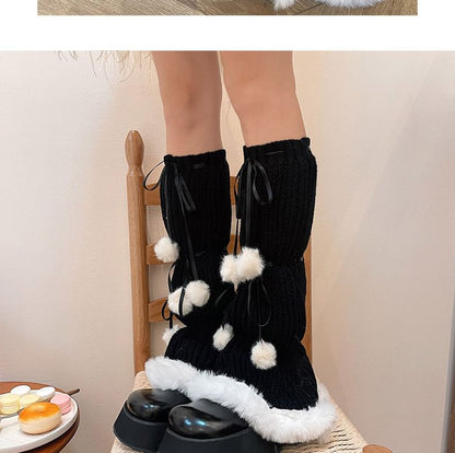 Pom Pom Fluffy Trim Knit Leg Warmers SpreePicky