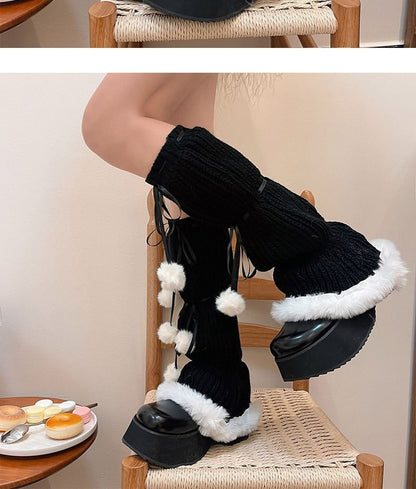 Pom Pom Fluffy Trim Knit Leg Warmers SpreePicky