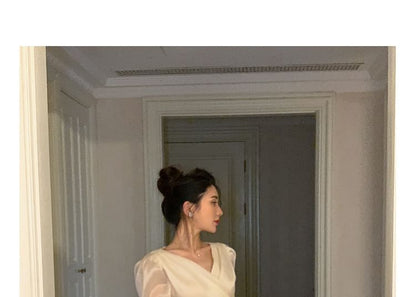 Long-Sleeve V-Neck Plain Tie Back Wrap Blouse mySite