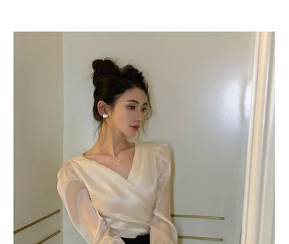 Long-Sleeve V-Neck Plain Tie Back Wrap Blouse mySite