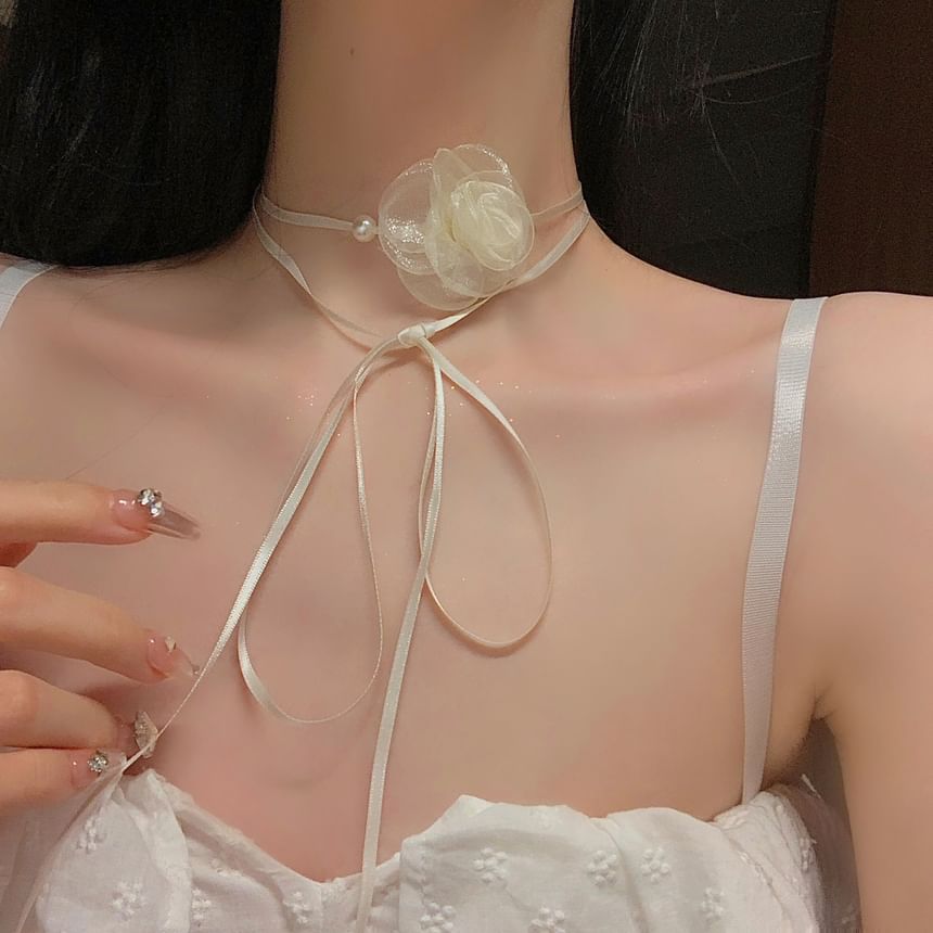 Floral Fabric Faux Pearl Cord Choker SpreePicky