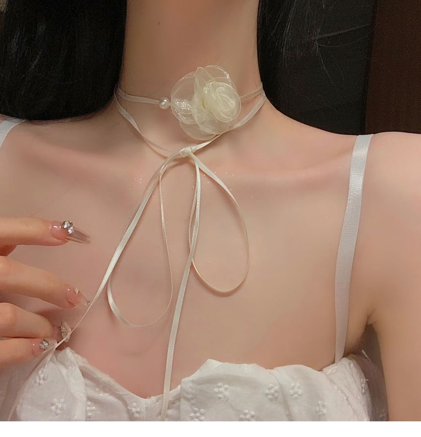 Floral Fabric Faux Pearl Cord Choker SpreePicky