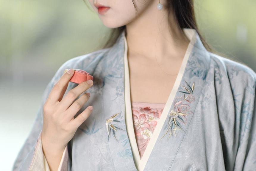 Long-Sleeve V-Neck Floral Embroidered Hanfu Top / Plain Top / High Waist Midi A-Line Skirt / Camisole / Shawl / Waist Skirt / Braid / Set SpreePicky