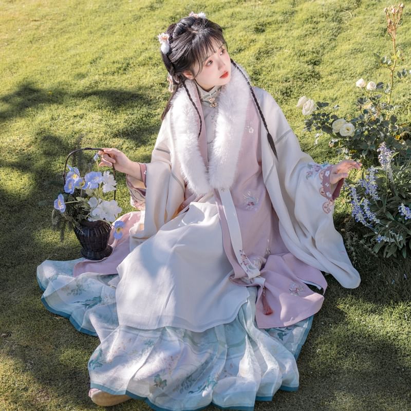 Long-Sleeve Floral Embroidered Hanfu Top / Fluffy Collar Vest / High Waist Floral Print Mamian Skirt / Sash / Set SpreePicky