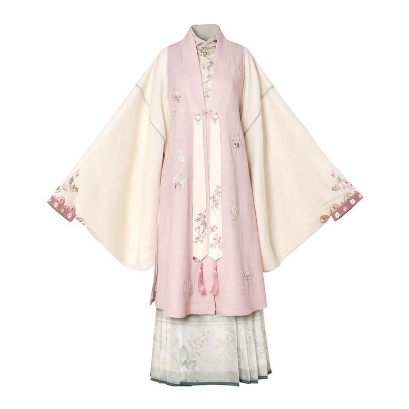 Long-Sleeve Floral Embroidered Hanfu Top / Fluffy Collar Vest / High Waist Floral Print Mamian Skirt / Sash / Set SpreePicky