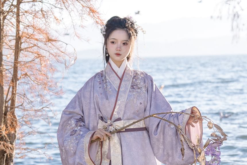 Long-Sleeve Floral Print Hanfu Robe / Sash / High Waist Pleated Skirt / Fluffy Scarf / Tassel Ornament / Brooch / Set SpreePicky