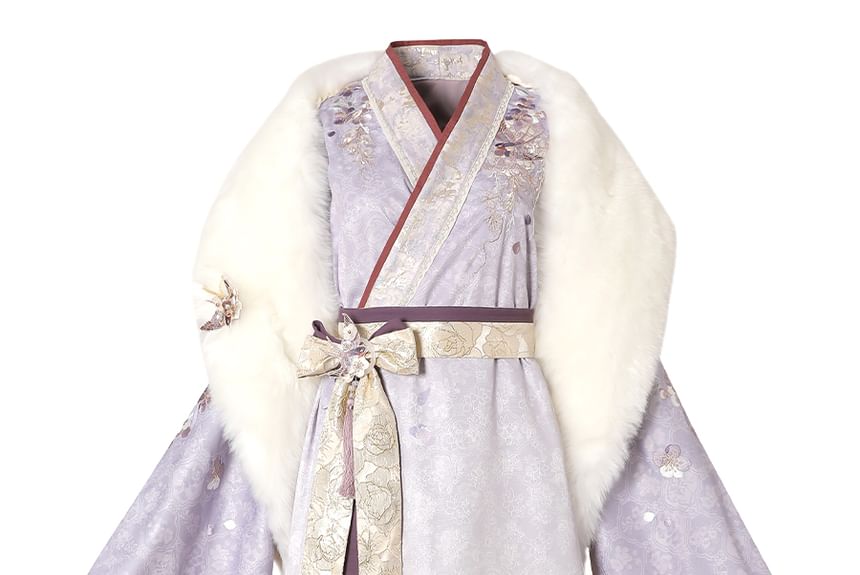 Long-Sleeve Floral Print Hanfu Robe / Sash / High Waist Pleated Skirt / Fluffy Scarf / Tassel Ornament / Brooch / Set SpreePicky