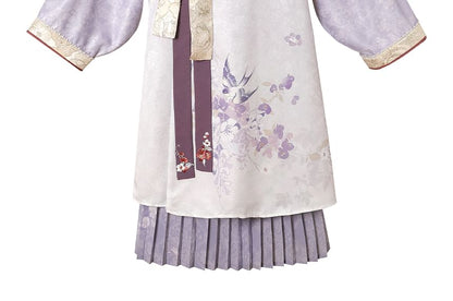 Long-Sleeve Floral Print Hanfu Robe / Sash / High Waist Pleated Skirt / Fluffy Scarf / Tassel Ornament / Brooch / Set SpreePicky