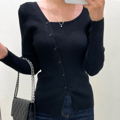 Long-Sleeve Asymmetrical Neckline Button-Up Knit Top SpreePicky