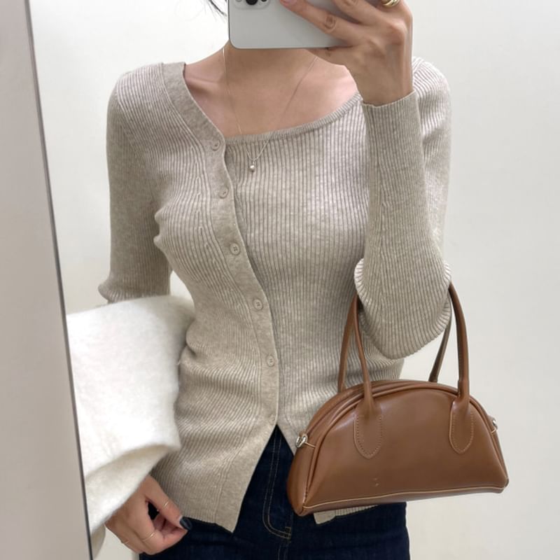 Long-Sleeve Asymmetrical Neckline Button-Up Knit Top SpreePicky