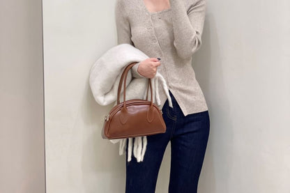 Long-Sleeve Asymmetrical Neckline Button-Up Knit Top SpreePicky