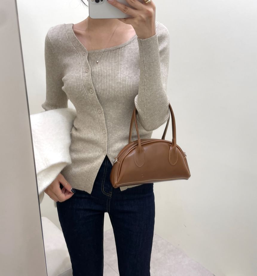 Long-Sleeve Asymmetrical Neckline Button-Up Knit Top SpreePicky