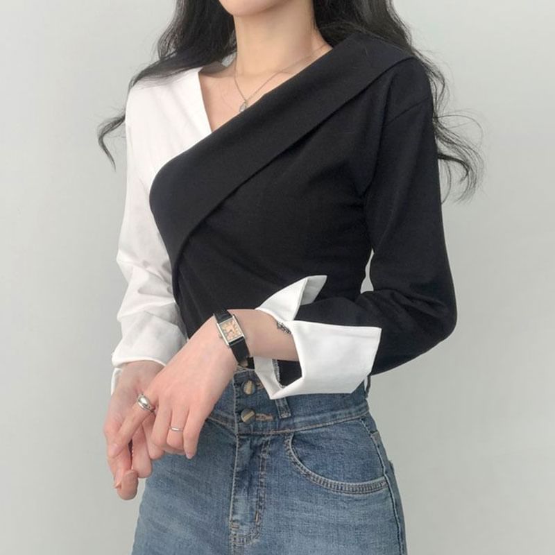 Long-Sleeve V-Neck Two Tone Blouse SpreePicky