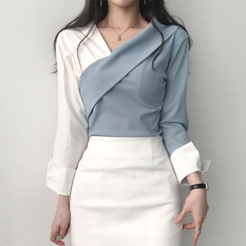 Long-Sleeve V-Neck Two Tone Blouse SpreePicky