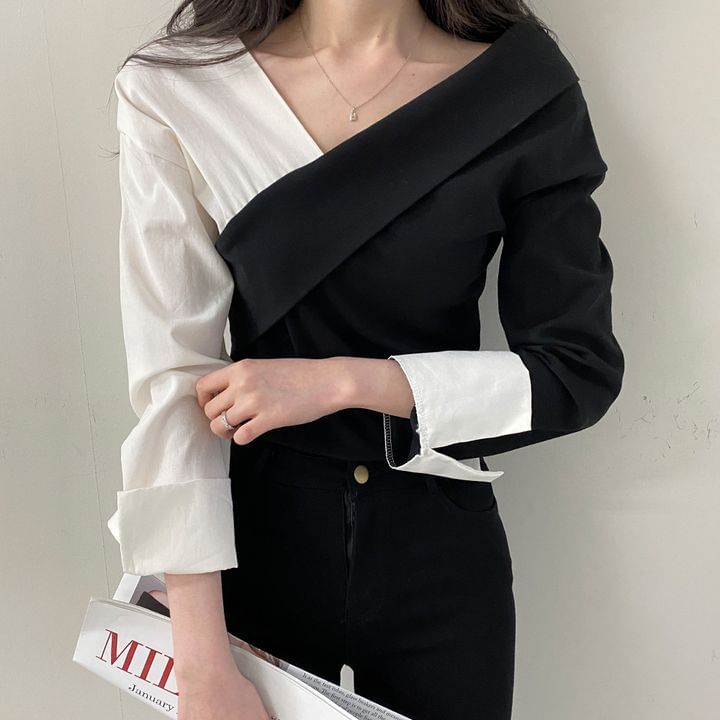 Long-Sleeve V-Neck Two Tone Blouse SpreePicky