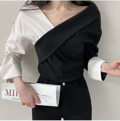 Long-Sleeve V-Neck Two Tone Blouse SpreePicky