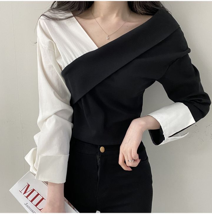 Long-Sleeve V-Neck Two Tone Blouse SpreePicky