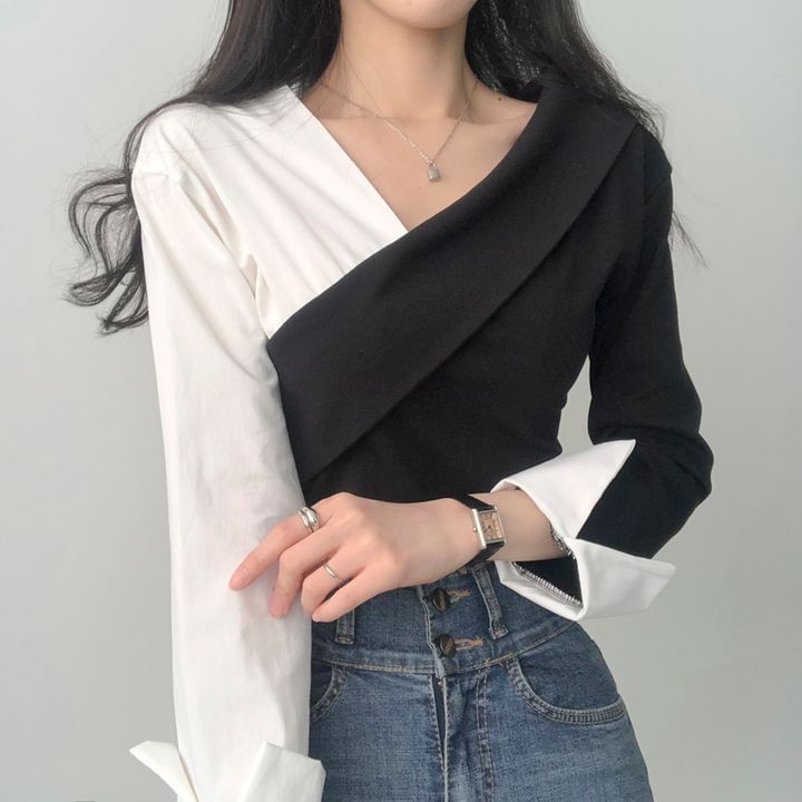 Long-Sleeve V-Neck Two Tone Blouse SpreePicky