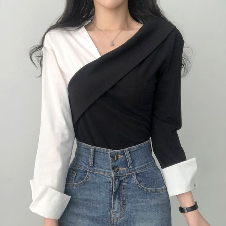 Long-Sleeve V-Neck Two Tone Blouse SpreePicky