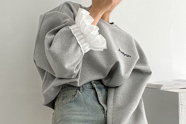 Puff-Sleeve Crewneck Lettering Pullover SpreePicky