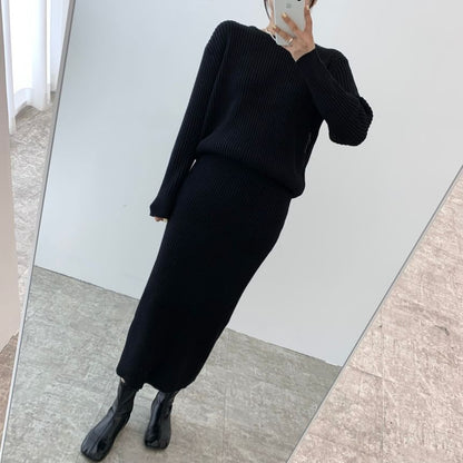 Set: Crewneck Plain Sweater + High Waist Midi Skirt SpreePicky