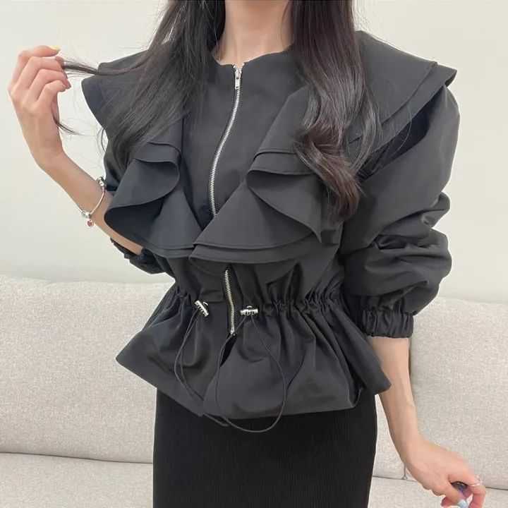 Puff-Sleeve Crewneck Ruffle Crop Blouse SpreePicky