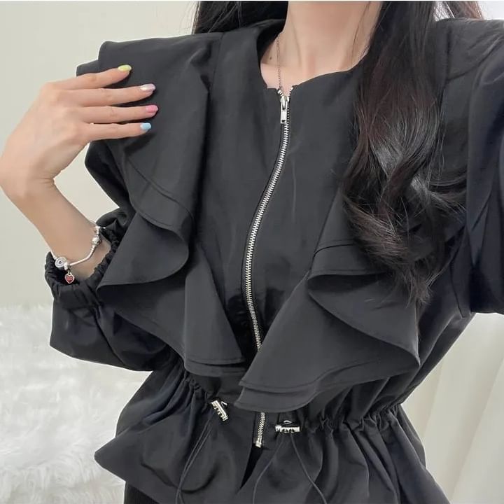 Puff-Sleeve Crewneck Ruffle Crop Blouse SpreePicky