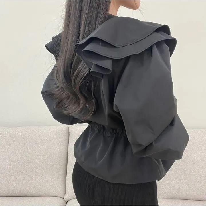 Puff-Sleeve Crewneck Ruffle Crop Blouse SpreePicky