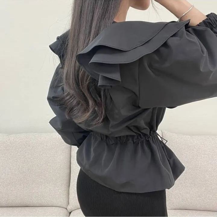 Puff-Sleeve Crewneck Ruffle Crop Blouse SpreePicky